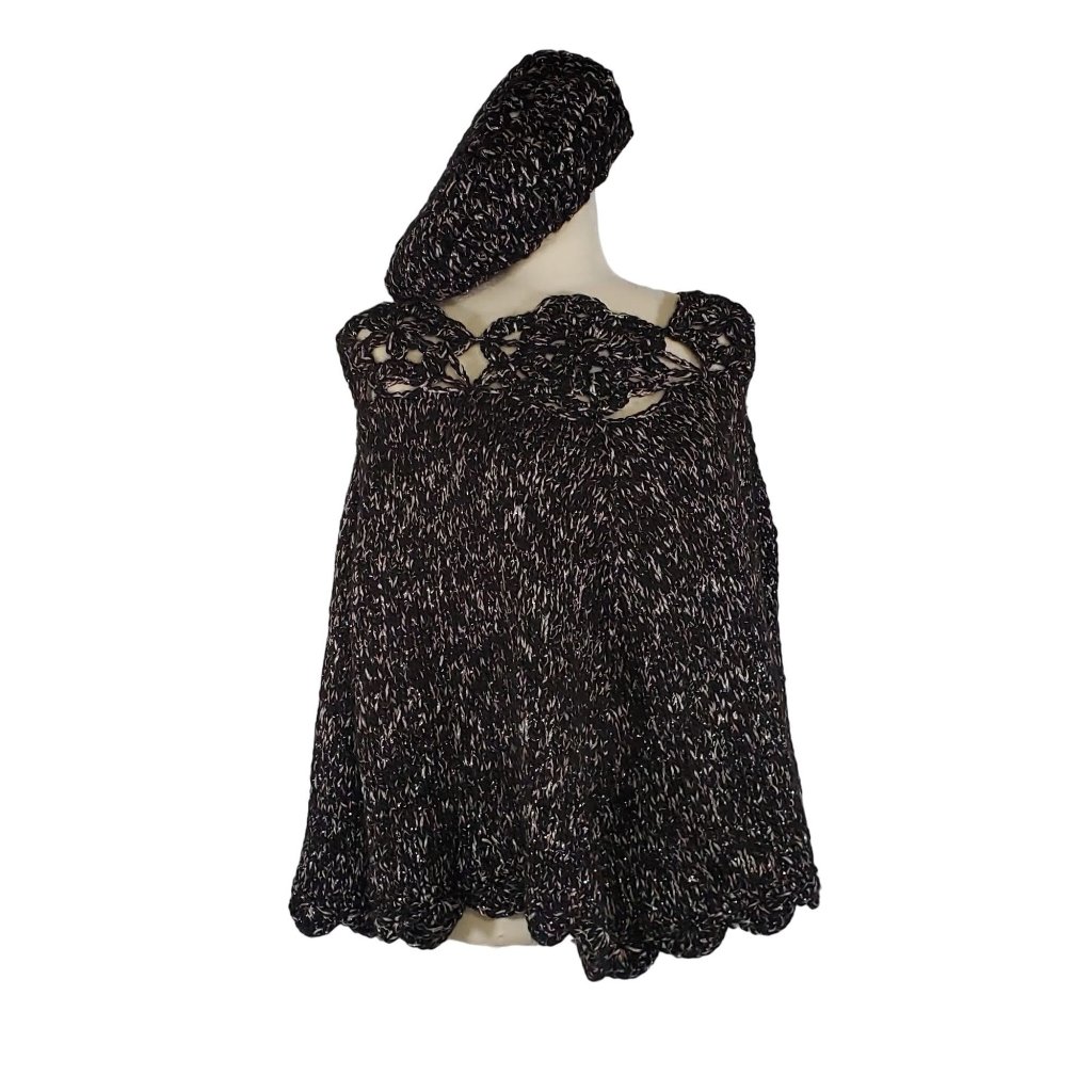 Ama Hand Made Argentina Top Blouse Cape & Beret Knit Crochet Set Black Lavender